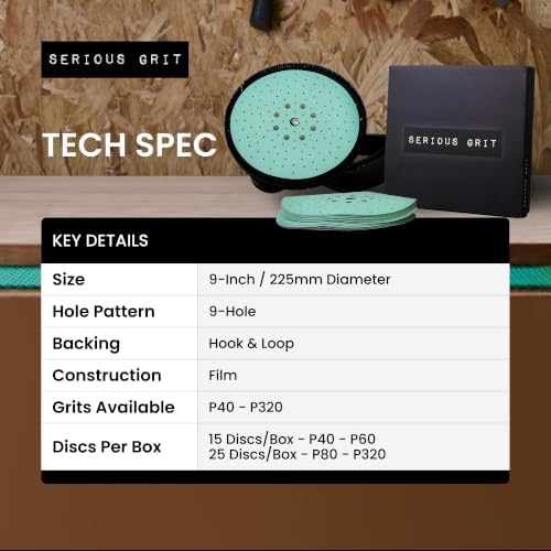 Serious Grit - 225mm (9-Inch) P60 Grit Drywall Sanding Discs - 15 Pack Box