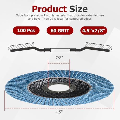 findmall 100 Pack 4-1/2" X 7/8" 60 GRIT Premium Zirconia Type 29 Flap Disc Grinding Wheel Sandpaper for Angle Grinder, Sanding Discs, Finishing