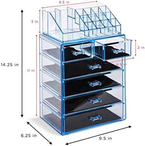 Sorbus Makeup Organizer, 6-Drawer Acrylic 2-Piece Set (Blue Brilliance)