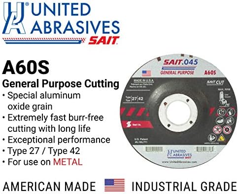 United Abrasives-SAIT 22071 A60S General Purpose Cut-Off Wheels (Type 27/Type 42 Depressed Center) 5" x .045" x 7/8", 50-Pack
