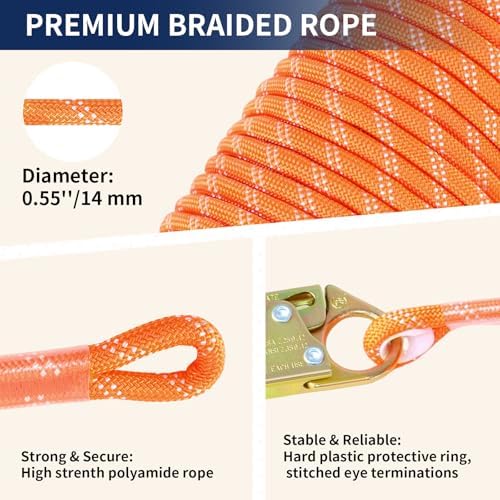Rope Harness Safety Lanyard 100FT, Roofing Fall Protection Rope