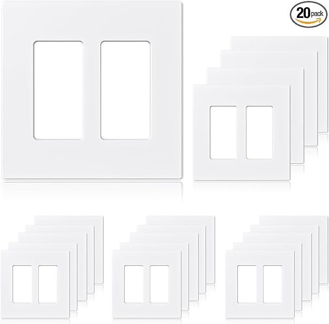 ELEGRP 2-Gang Screwless Decorative Wall Plates, Mid-Size Cover Plates, Unbreakable Thermoplastic Faceplate Cover for Decorator Receptacle Outlet Switch, UL Listed (20 Pack, Matte White)
