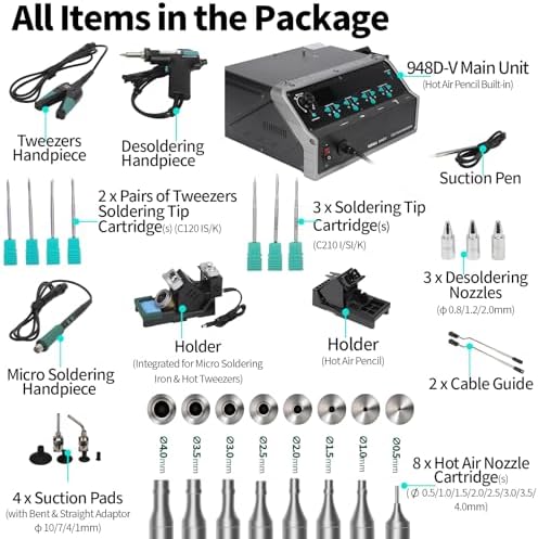 YIHUA 948D V 5-IN-1 Micro Soldering Hot Air Rework Station with C210 Microsoldering Iron, Hot Tweezers Iron, Desoldering Tool, Hot Air Pencil, Suction Pen for BGA SMD Rework Under the Microscope