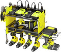 CCCEI Modular Power Tool Organizer Wall Mount Charging Station, Green 6 Drills Holder with 8 Plug Power Strip 6FT, Garage Drill Battery Heavy Duty Metal Shelf, Utility Rack with Hooks, Side Storage.