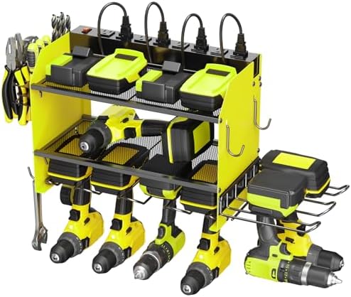 CCCEI Modular Power Tool Organizer Wall Mount Charging Station, Green 6 Drills Holder with 8 Plug Power Strip 6FT, Garage Drill Battery Heavy Duty Metal Shelf, Utility Rack with Hooks, Side Storage.