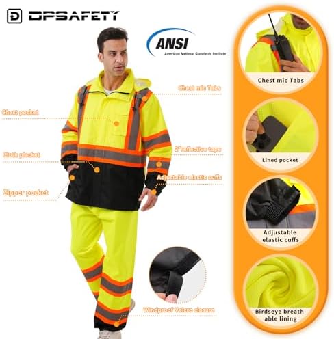Hi Vis Safety rain Jacket，Reflective Class 3 Rain coat with Inner Mesh Lining and Pockets High Visibility Waterproof work Rain Suits for men&women（Yellow,LG/XL）