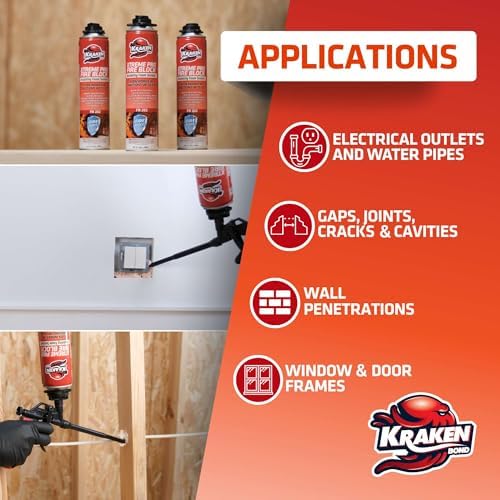 Kraken Bond Xtreme Pro Fire Block Expanding Foam Sealant (1x24oz), Professional Polyurethane Insulating Foam with Fire Block Technology, High Heat Resistant and Waterproof, Gun Included – 1 Pack