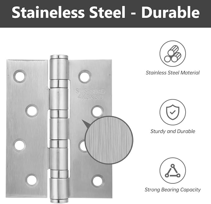 6 Pack Square Interior Door Hinges 4X3 inches Stainless Steel Door Hinge, Silver Butt Hinge Ball Bearing Hinges Window Hinges Outdoor Hinge with Screws