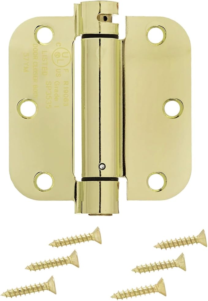 Amazon Basics Self-Closing Door Hinge, 3.5 Inch x 3.5 Inch, Polished Brass, 1-Piece, Hardware Included
