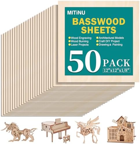 50 Pack Basswood Sheets for Crafts,12"x12"x1/8" 3mm Thick Plywood Sheets with Smooth Surfaces-Unfinished Squares Wood Boards for Laser Cutting, Wood Burning, Architectural Models, Staining