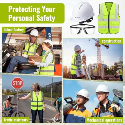 Mumufy 18 Pcs Suspension Hard Hats with Safety Vests and Goggles Bulk, Safety Helmets Vented Cap Helmet High Visibility Vest Mesh Reflective Anti Fog Goggles Adjustable Temples for Construction Work