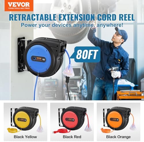 VEVOR 80FT Retractable Extension Cord Reel, Heavy Duty 12AWG/3C SJTOW Cord