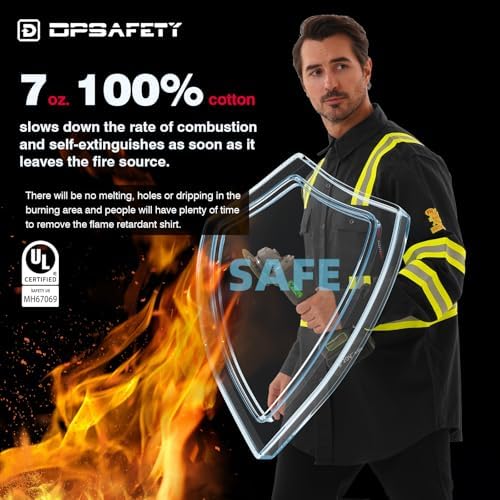 FR Shirts for Men 7oz Hi Vis Fire Resistant Shirts CAT2 Welding Shirt 100% Cotton High Visibility Flame Resistant Shirt Black(X-Large)