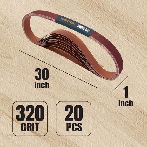 POWERTEC 1x30 Sanding Belts, 20PK, 320 Grit Aluminum Oxide 1 x 30 inch Sanding Belts for Belt Grinder, Belt and Disc Sander, Knife Sharpening, Woodworking, Metalworking (111360-P2)