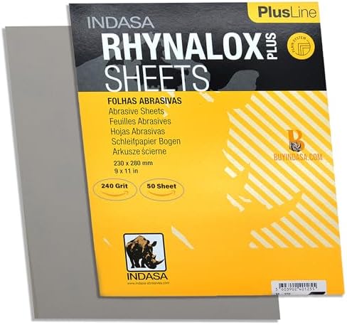 Indasa 50 PCS 9x11 Sandpaper - Dry Sanding Sheets, 240 Grit, Rhynalox Plusline Professional-Grade Abrasive for Wood, Metal, Automotive, and Paint Finishing - Durable, Clog-Resistant Sand Paper