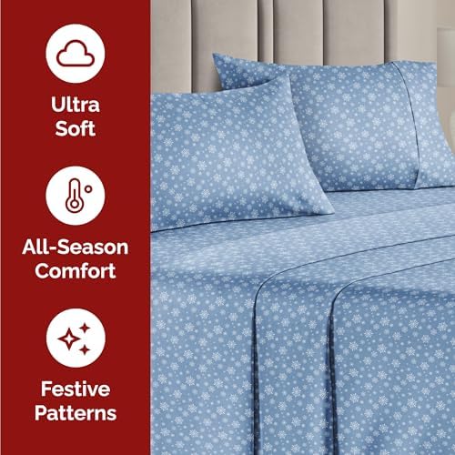 Christmas Sheet Set, Blue Snowflakes, Holiday Xmas Bedding Set - Cal King