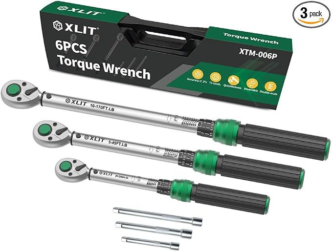 3-Piece Torque Wrench Set - 3 Click Wrenches (1/4", 3/8", 1/2") with 3pc Extension Bars, 72-Tooth Ratchet, ±3% Accuracy, for Automotive, Motorcycle & E-Bike