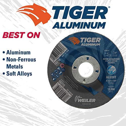 Weiler 58215 4-1/2 x 1/8 Tiger Aluminum Type 27 Cut Off/Grind Combo Wheel ALU30T 7/8 A.H. (Pack of 25)
