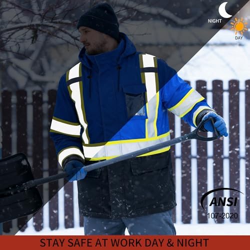 FATONE Hi Vis Rain Jacket for Men Lightweight Reflective Safety Rain Gear Waterproof with Hood, Class 3 Work Raincoat ANSI/ISEA Tested Blue 4XL/5XL