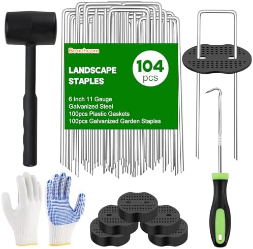 Landscape Fabric Staples with Rubber Hammer,6Inch 50pcs Galvanized Garden Pegs+ 50pcs Gaskets + Pick Hook + Gloves,Anti-Rust,U-Shaped Lawn Spikes,Yard Turf Pins for Weed Barrier,Ground Grass Cover