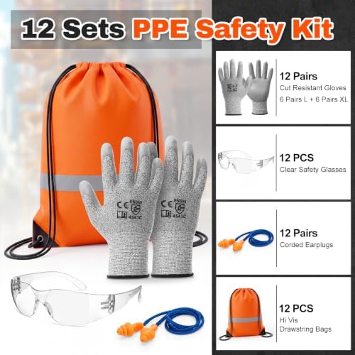 Tellegloww 12 Sets PPE Safety Kit, Cut Resistant Gloves, Safety Glasses