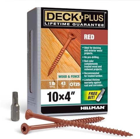 Deck Plus 4 Inch Epoxy Coated Exterior Wood and Fence Screws #10 x 4 Torx/Star Drive Included Coarse Thread, Outdoor Rust Resistant Decking Screw, Red, 1lb Box, 43 Pieces | 48437