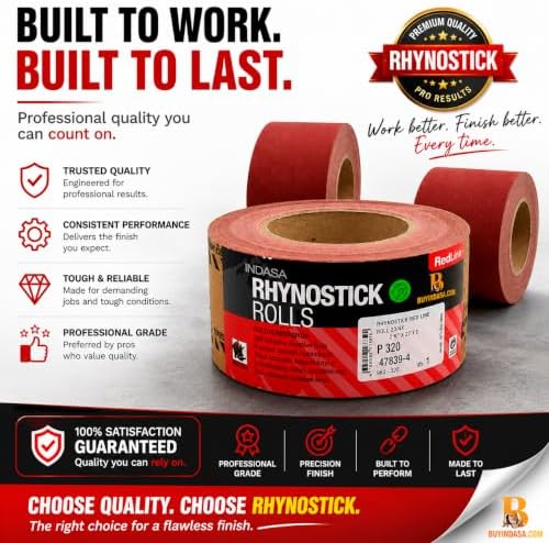 Indasa 2.75" PSA Sandpaper Roll - Rhynostick 80-Grit 27 Yard Long Continuous Roll, Self-Adhesive Stickyback Sand Paper for Woodworking, Automotive, Metal (Aluminum Oxide Plus Lubricant), Redline