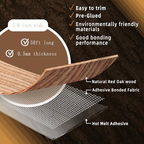 GSCIT Club Red Oak Edge Banding, 7/8 inch x 50ft roll of Veneer Edge Banding Preglued Flexible, Wood Tape Banding for Cabinet Repair