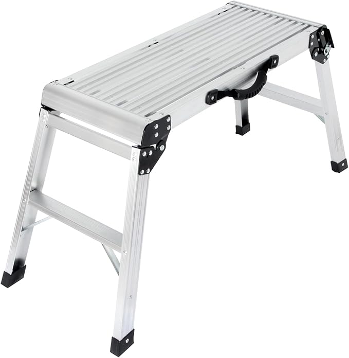 LEADALLWAY Aluminum Work Platform Step Ladder with Handle Heavy Duty Foldable Step Stool 330 Lbs Capacity Silver