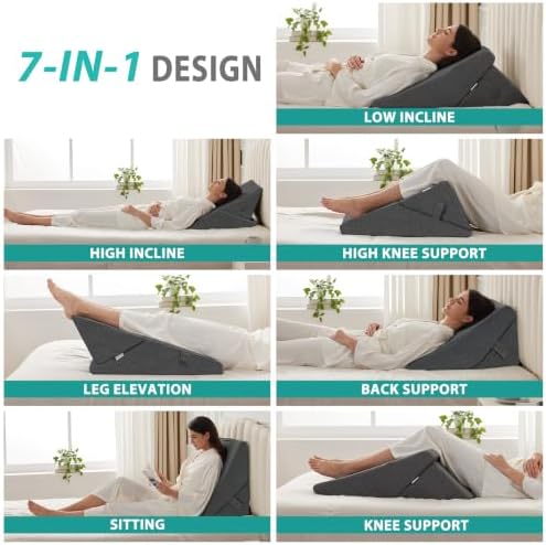 Bedluxe Wedge Pillow for Sleeping, Adjustable 9&12 Inch Foldable Bed Wedge Pillow Set, Orthopedic Memory Foam Triangle Pillows Wedge, 7-in-1 Elevated Pillows for Leg and Back Support, Dark Grey