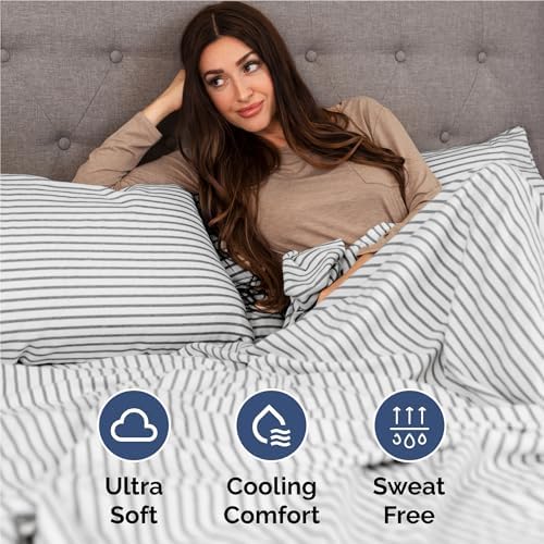 Full Size 4 Piece Sheet Set - Breathable & Cooling Sheets - Grey Stripes