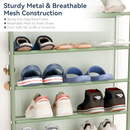 Whitmor 36 Pair Over the Door Shoe Rack,12 Tier Hanging Shoe Organizer with Metal Frame & Mesh shelves, Heavy Duty Shoe Storage Holder for Door,No Drill Installation, 74" H x 21.7" W x 7.5" D, Green