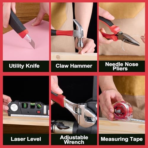 12V Cordless Drill Tool Set, 25+1 Torque Setting, Red Tool Kit for Home