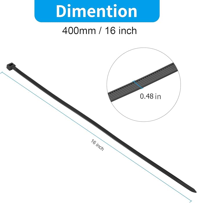 XINGO 16 inch Black Zip Ties Heavy Duty 60 PCS, 250 LBS Ultra Strong Plastic Wire Ties, Large Cable Ties Extra Long Tie Wraps, Indoor and Outdoor UV Resistant