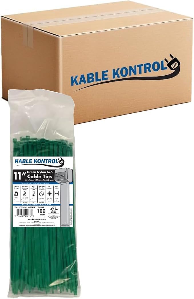Kable Kontrol Cable Zip Ties, 11 Inch, 8500 Pcs, 50lbs Test, Green | Nylon Plastic, Self Locking, UL Listed, Indoor Use