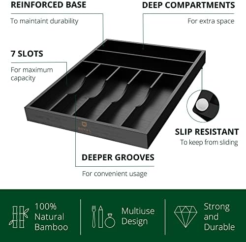 ROYAL CRAFT WOOD Luxury Bamboo Kitchen Drawer Organizer - Silverware Organizer - Utensil Holder and Cutlery Tray with Grooved Drawer Dividers for Flatware and Kitchen Utensils (7 Slot, Black)