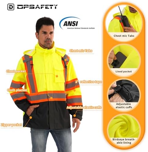 Reflective Rain jackets for men waterproof,Hi Vis Safety Coat With Reflective Strips，High Visibility Class 3 Rain jackets With 2 large pockets，Zipper,Lime,4XL/5XL