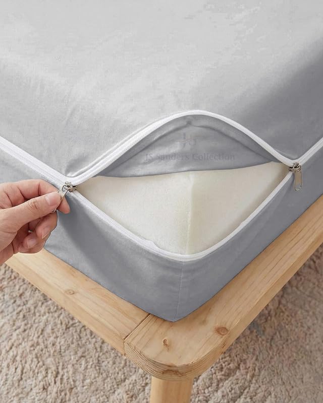 JS Sanders Zippered Mattress Protector Twin Size – Soft 100% Egyptian Cotton, 600 Thread Count Deep Pocket Fitted Sheet Encasement Cover for Bed Breathable, 12-16 Inch Fit, Silver Grey 39x75