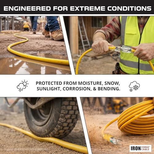 Iron Forge Cable 50 Foot Lighted Outdoor Extension Cord with 3 Electrical Power Outlets - 12/3 SJTW Heavy Duty Yellow Extension Cable with 3 Prong Grounded Plug for Safety, 15 AMP