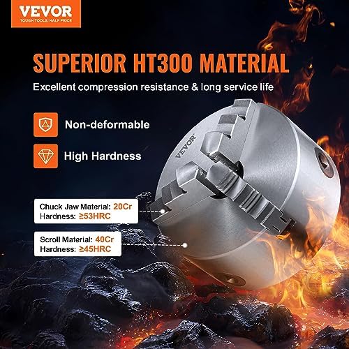 VEVOR 3-Jaw Lathe Chuck, 6'' Self-Centering Lathe Chuck, 0.14-6.3 in/3.5-160 mm Clamping Range with T-key Fixing Screws Reversible Jaws, for Lathe 3D Printer Machining Center Milling Drilling Machine