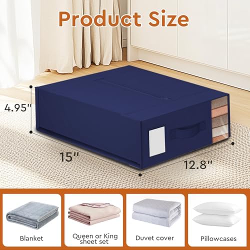 StorageTastic 2 Pack Bed Sheet Closet Organizers and Storage,Sturdy Foldable Storage Containers with Window and Label,Storage and Organization for Bedding Sheets,Duvet Covers,Blankets (Blue)