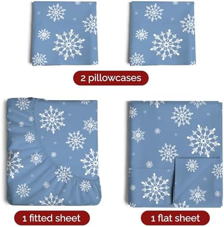 Christmas Sheet Set, Blue Snowflakes, Holiday Xmas Bedding Set - King Size