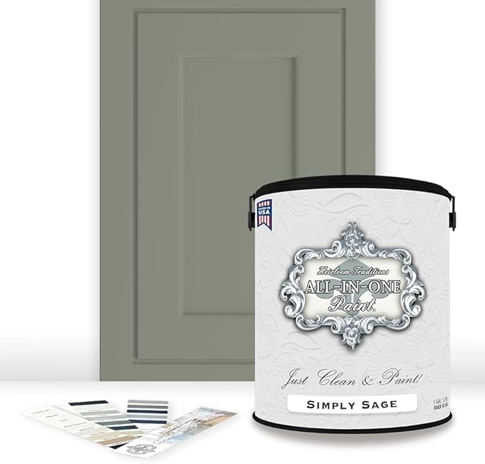ALL-IN-ONE Paint by Heirloom Traditions, Simply Sage (Gray Green), Gallon - Durable cabinet and furniture paint. Built in primer and top coat, no sanding needed. Includes our 30 featured color card.