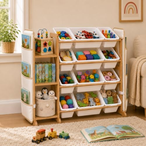Toy Storage Organizer for Kids, 12 Bins, Bookshelf & Hanging Book Pocket