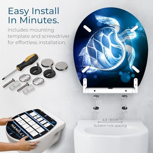 Sanilo Wooden Toilet Seat with Quick Release & Soft Close [ROUND] - Decorative & Slow Close Molded Wood Seat - With One Click for Easy Installation & Cleaning - With Adjustable Fit (Glow Turtle)