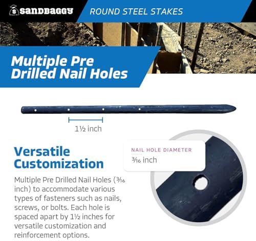 Sandbaggy 18" Round Steel Concrete Form Stakes with Nail Holes - Rust Resistant Coating - Removable, Reusable (200, 3/4 in X 18 in)