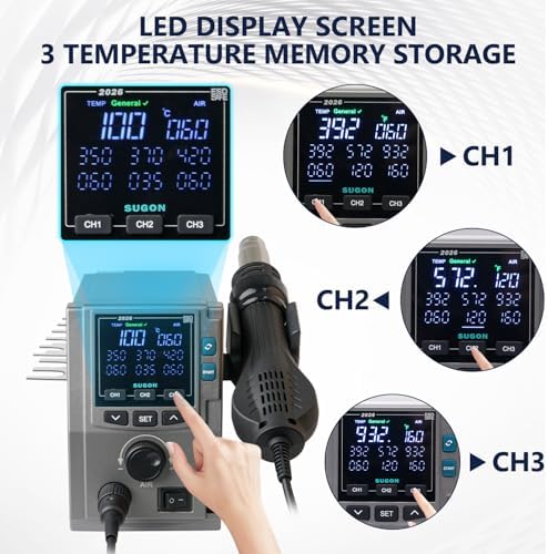 SUGON 2026 Hot Air Rework Station 700W, Standard/Curve heating mode, 4 Air Nozzle, 3 Memory storage, Sleep mode, ℃ / ℉,212℉-932℉, SMD Hot Air Station with Replace Air Nozzle Bracket
