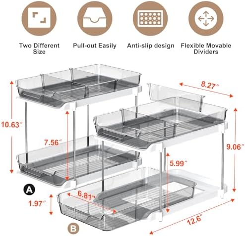 Delamu 2-Tier Multi-Purpose Bathroom Under Sink Organizers and Storage, Stackable Kitchen Pantry Organization, Pull Out Medicine Cabinet Organizer with Movable Dividers, Grey, 2 Pack