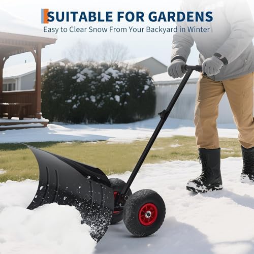 GarveeHome Snow Shovel with Wheels for Driveway, Heavy Duty Push Snow Plow Shovel with Large 29 in x 16.5 in Adjustable Handle, Angled Blade, Efficient Snow Removal for Pavement