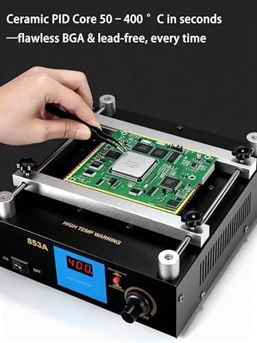 853A BGA Rework Station Preheating Oven Hot Plate, 110 V 450 W, Digital PCB Preheater Welder Soldering 50–400 °C, Anti-Static Work Surface, PID Constant-Temp Control with Hot Air Gun Holder